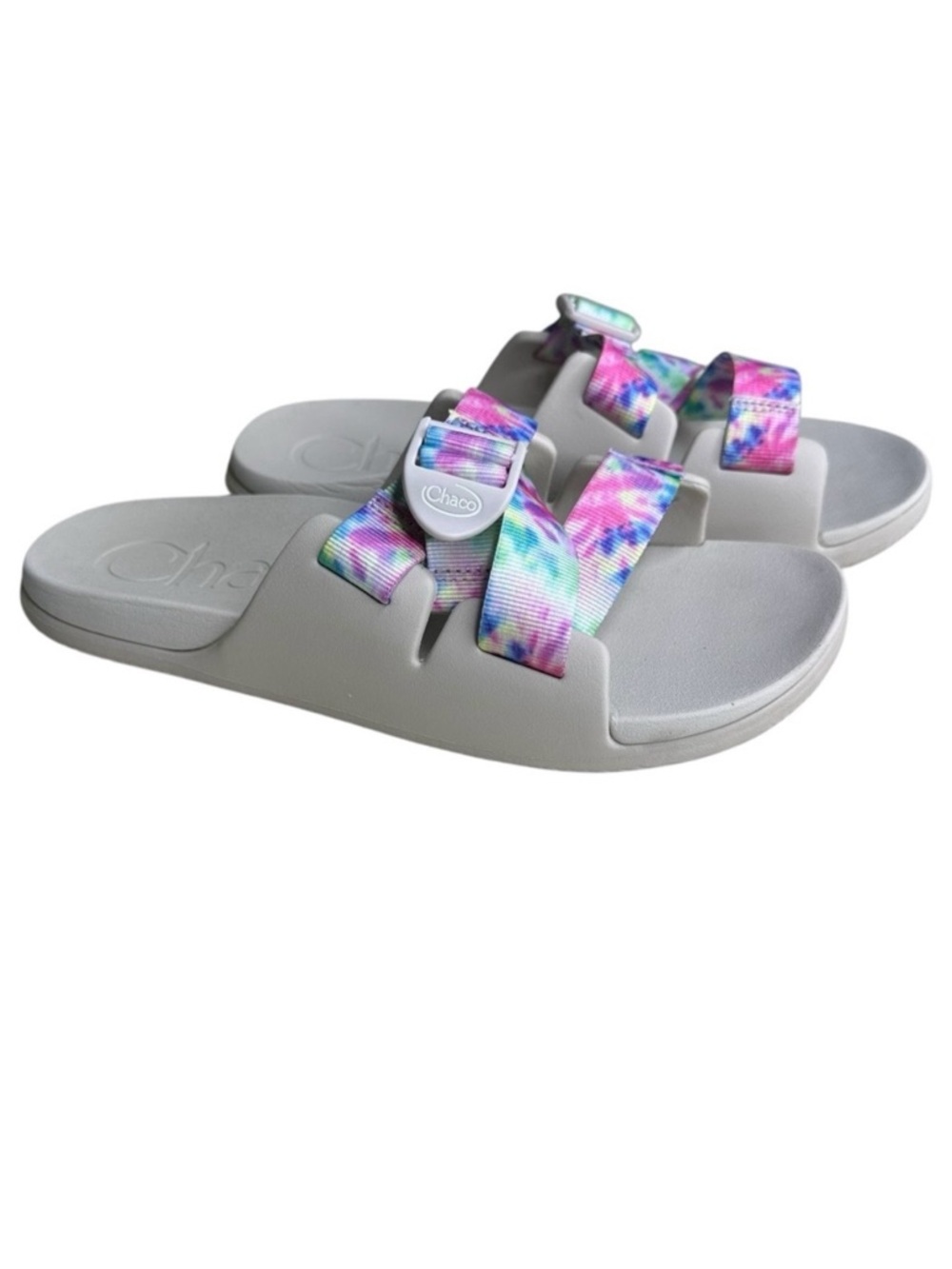 Chaco Women's Chillos Slide sandals, light tie-dye color, grey sole. Size 10
